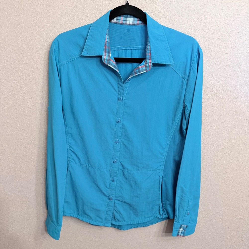 Kuhl Womens Turquoise Blue Long Sleeve Hiking Shirt Plaid Trim XS
